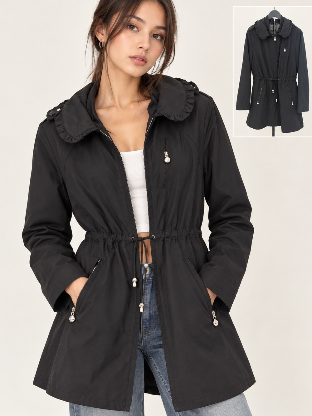 Vintage 2000s Braetan Black Hooded Ruffle Collar Raincoat Jacket Y2K City Coat
